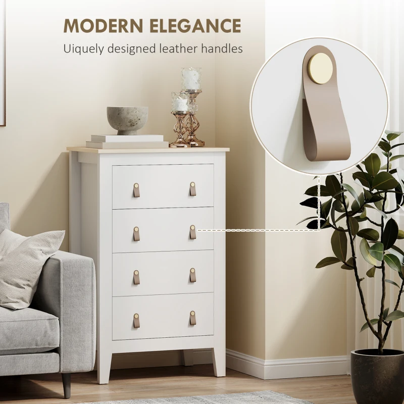 HOMCOM Bedroom Chest of Drawers, Modern 4 Drawer Dresser Cabinet with PU Leather Handles and Metal Runners for Living Room, Hallway, Entryway, 60 x 40 x 98 cm, White
