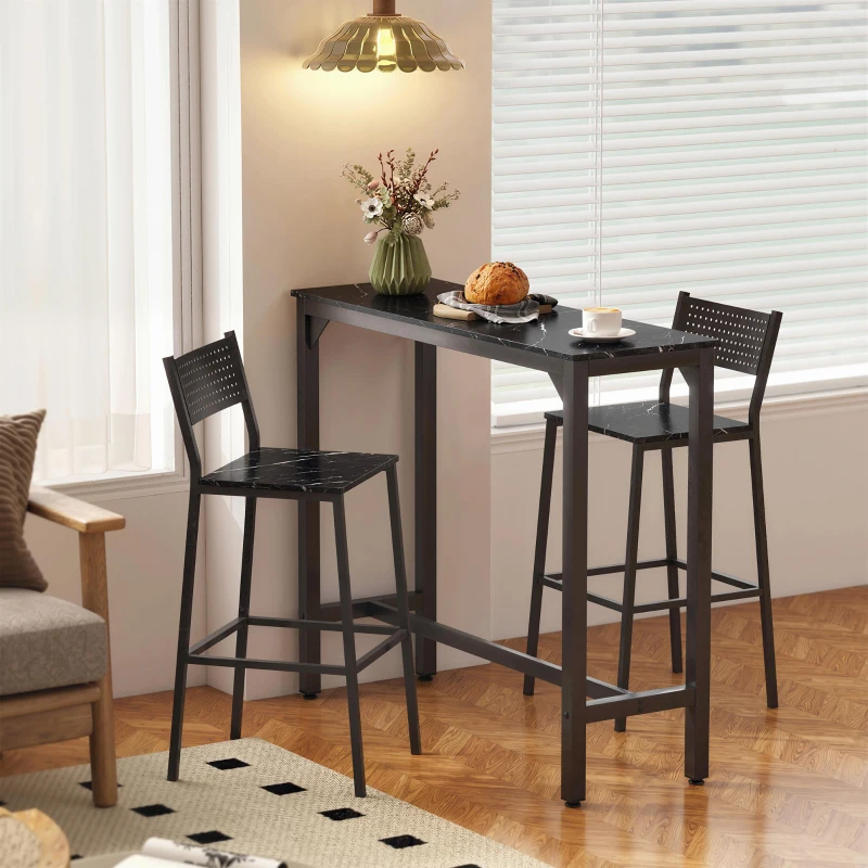 HOMCOM Rectangular Bar Table, Marble Effect Pub Coffee Table for Small Space, Breakfast Dining, Black Marble Effect