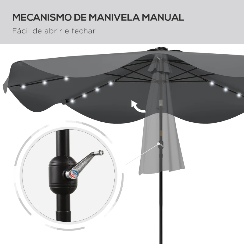 Outsunny Guarda-Sol de Jardim Manual Ø292x254 cm com 32 Luzes LED Solares 8 Varetas Impermeável e Respiros de Ventilação Cinzento