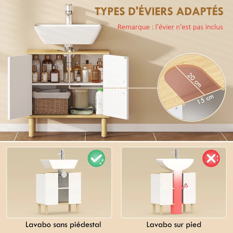 HOMCOM Meuble sous lavabo, meuble de salle de bain avec 2 portes et étagère réglable, 60 x 30 x 61 cm, blanc