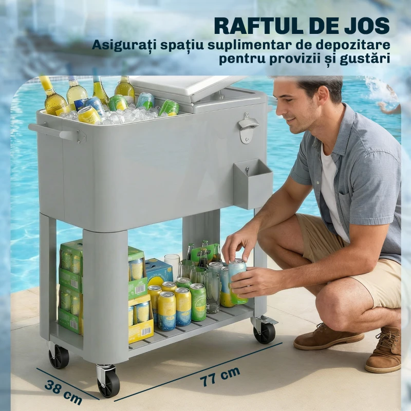 Outsunny Frigider de Grădină de 76L, Cărucior Portabil cu Raft, Deschizător de Sticle, Roți Blocabile, Recipient pentru Capace, Portabil pentru Băuturi, Bar, Grădină, Petreceri, Argintiu