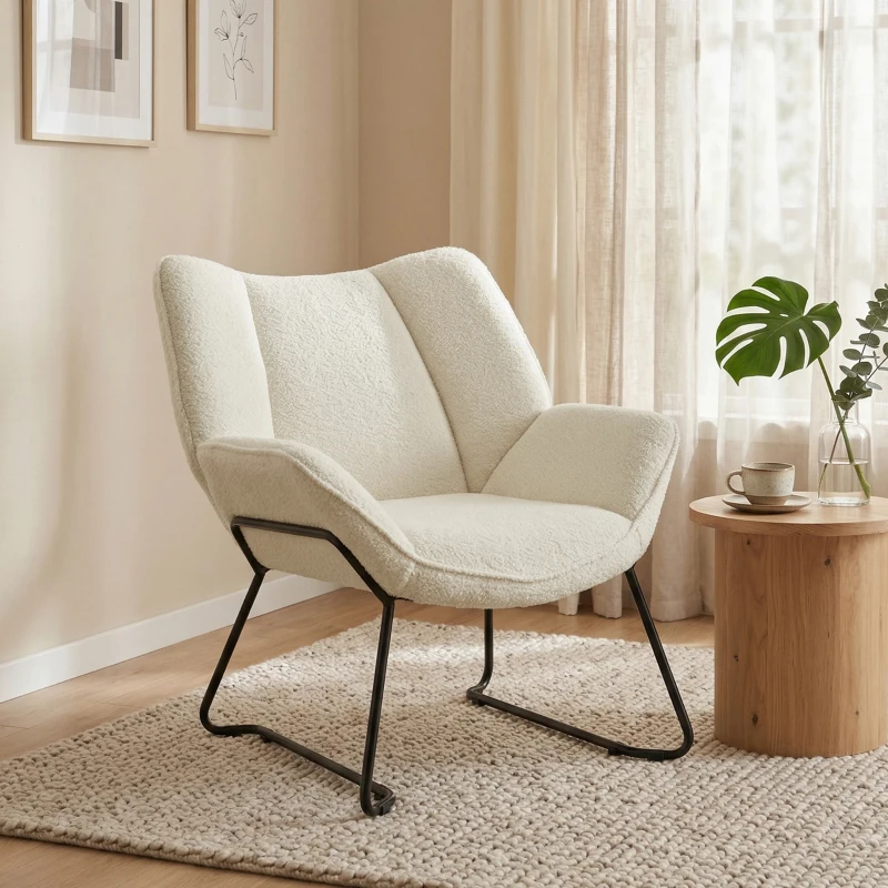 HOMCOM Scaun accent modern, fotoliu tapițat cu Sherpa-Fleece și spătar lat, picioare din oțel, montare ușoară, Alb