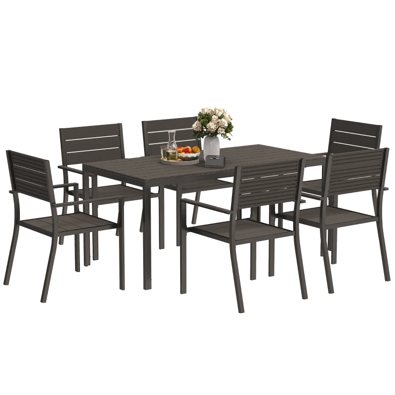 Outsunny 7 Piece Garden Furniture Set, 160 x 80 cm Rectangle Table and 6 Stackable Chairs Set, Outdoor Dining Set for Balcony, Deck, Dark Brown