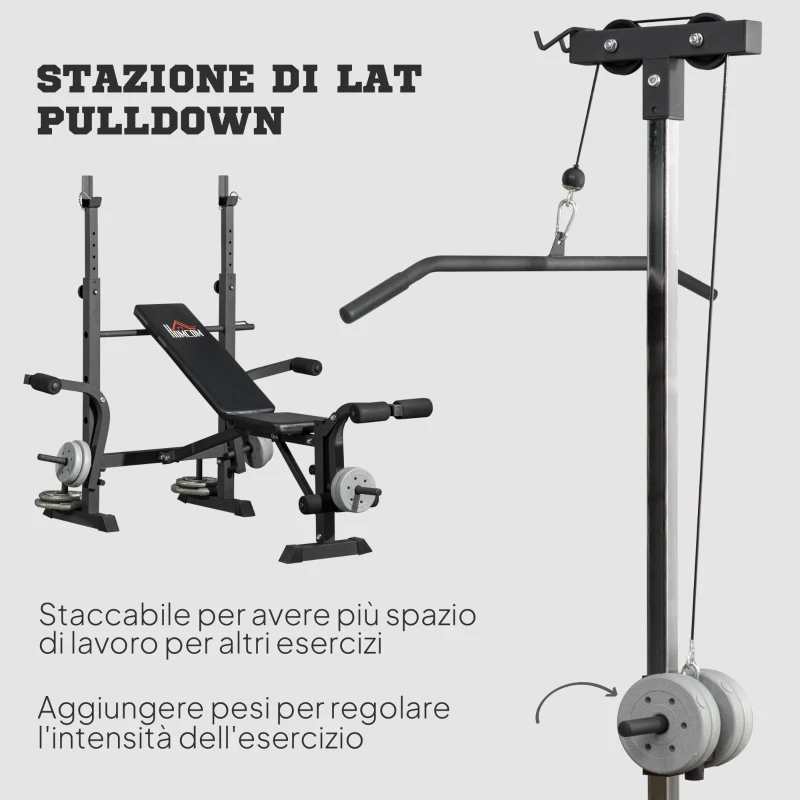 HOMCOM Panca Fitness con Leg Press, Squat Rack e Leg Extension, in Acciaio e PU, 180x134x200 cm, Nero e Argento