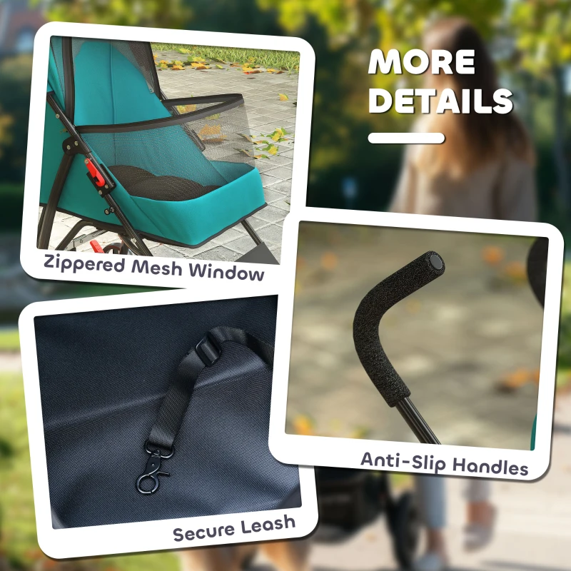 PawHut Dog Stroller, Foldable Cat Dog Pram for Miniature Breeds, Pet Stroller with Brake, Mesh Windows, Dark Green