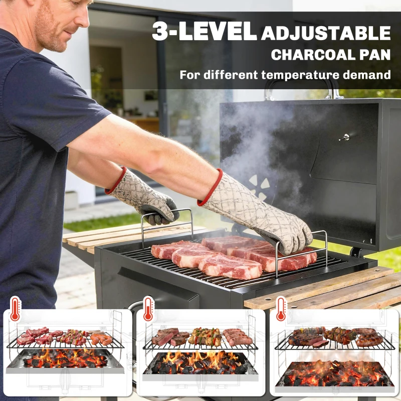Grill węglowy ze stali nierdzewnej, mobilny, z pokrywą, termometr