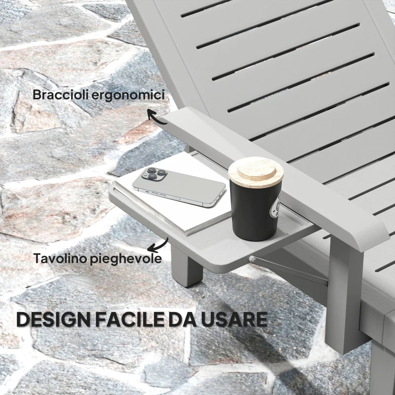 Outsunny Sdraio da Giardino Regolabile con Tavolino e Braccioli, in Polipropilene, 79x158x88 cm, Grigio Chiaro