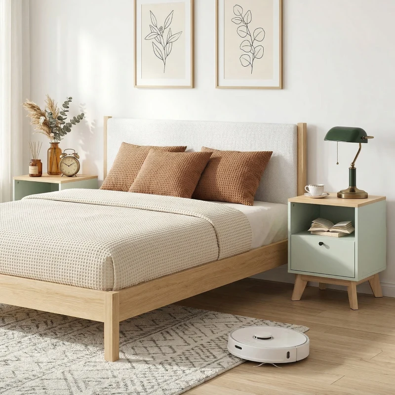 HOMCOM Modern Nightstand Set of 2, Bedside Table with Drawer and Open Shelf, Side End Table for Bedroom, Light Green