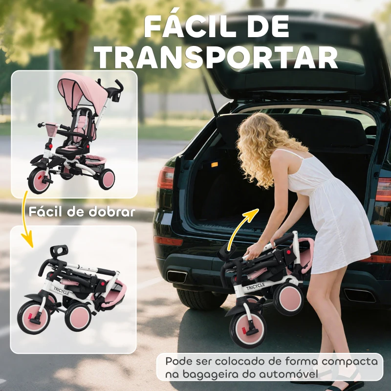 AIYAPLAY Triciclo Evolutivo 6 em 1 Dobrável Assento Giratório 360° Barra Parental Encosto Reclinável Toldo Rosa