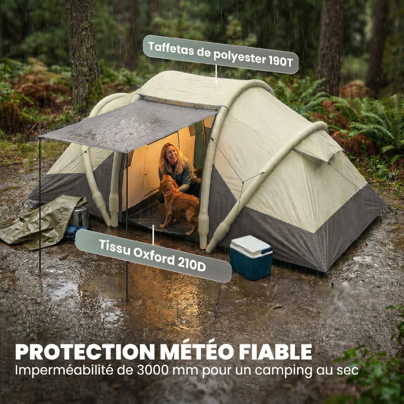 Outsunny Tente Gonflable Camping 2-4 Personnes avec Pompe 2 Chambres et Séjour Imperméable 3000mm 485x245x188cm Gris