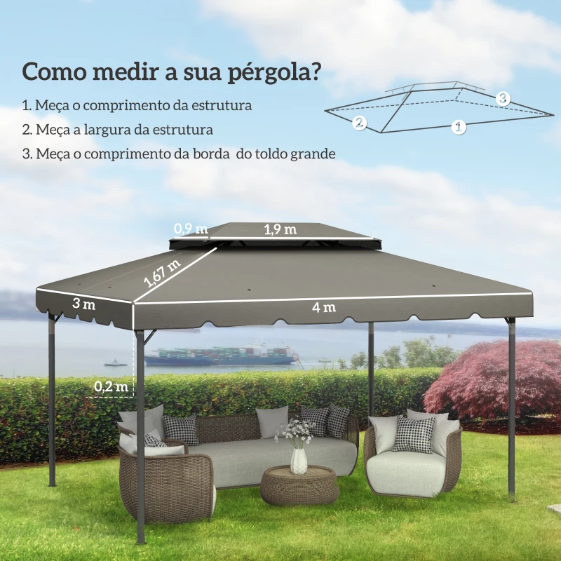 Outsunny Toldo de Substituição para Pérgola 400x300 cm com Duplo Teto e 8 Orifícios de Drenagem Cinza Claro