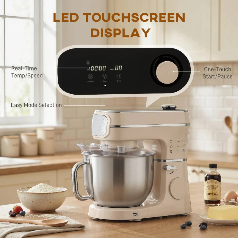 HOMCOM Stand Mixer, 6L 1400W Tilt-Head Food Mixer with 11 Speeds, Pulse & Fermentation Function, LED Display, Cream