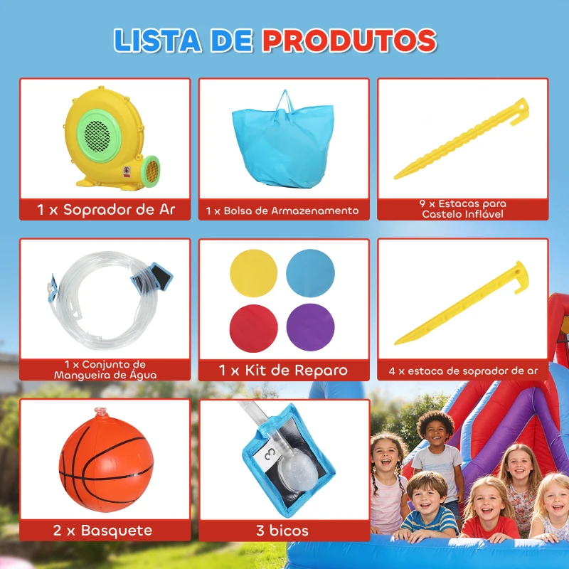 AIYAPLAY Castelo Insuflável Aquático com Insuflador 550W Escorrega Parede de Escalada Piscina Aro de Basquetebol Baliza de Futebol
