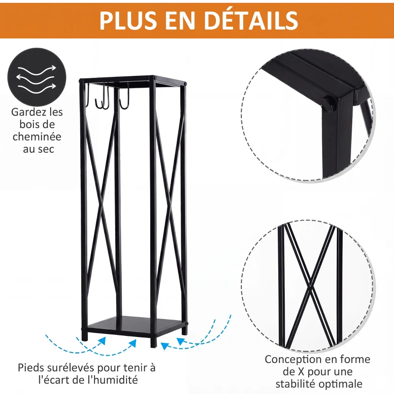 Outsunny Porte bûches - Range bûches Serviteur de cheminée Colonne - Multi Accessoires dim. 34L x 34l x 111H cm métal Noir