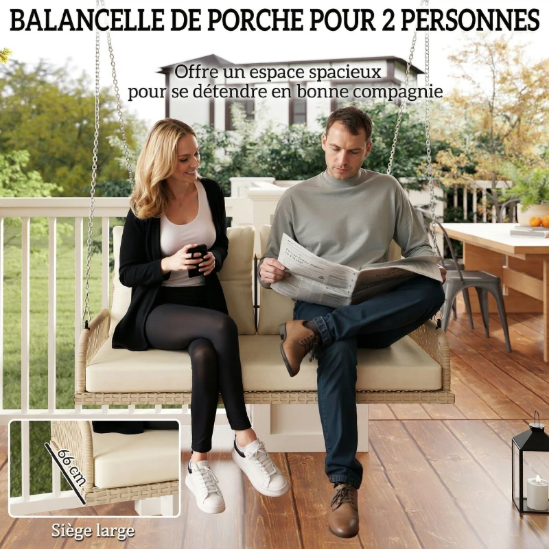Outsunny Banc Suspendu Extérieure 2 Places en Résine Tressée avec Coussins et Chaînes en Acier, 115x66x44cm, Beige