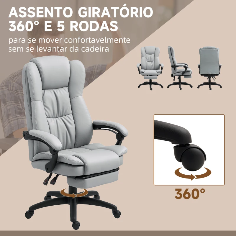 Vinsetto Cadeira de Escritório com Altura Ajustável 6 Pontos de Massagem e Apoio para os Pés Retrátil 68,5x68,5x113-121 cm Cinza