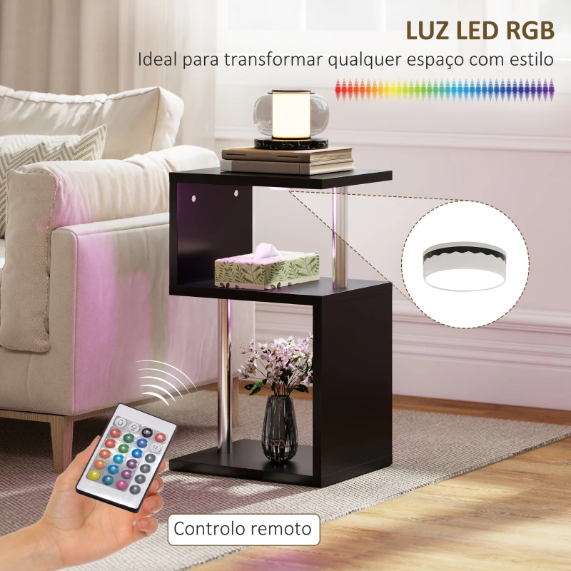 HOMCOM Mesa Auxiliar com Luz LED 3 Níveis Forma de S Prateleiras Abertas e Estrutura em Alumínio 44x38x75 cm Preto Brilhante