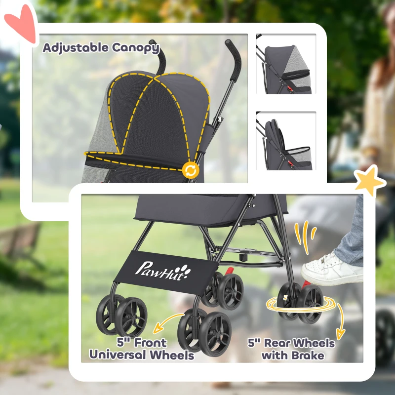PawHut Dog Stroller, Foldable Cat Dog Pram for Miniature Breeds, Pet Stroller with Brake, Mesh Windows, Dark Grey