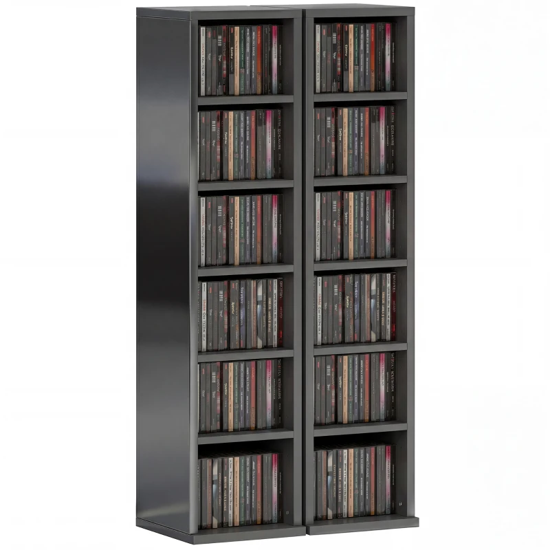 HOMCOM Set of 2 CD Media Display Shelf Unit Tower Rack with Adjustable Shelves, High Gloss Black