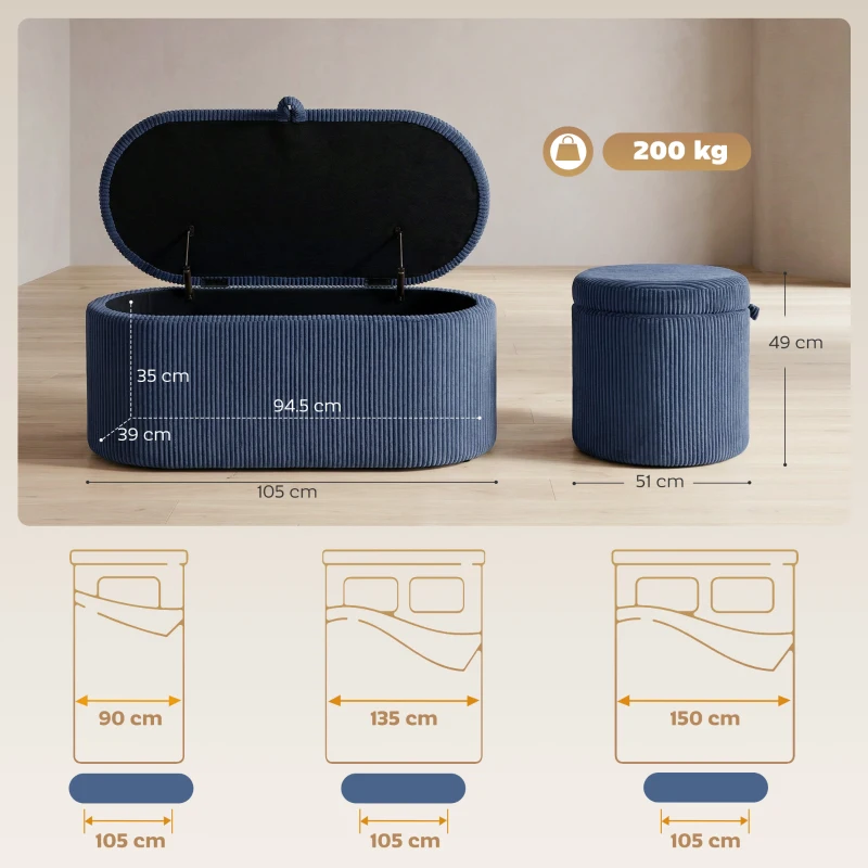 HOMCOM Storage Ottoman, Corduroy Upholstered Ottoman Storage Box with Padded Seat, 105 x 51 x 49 cm, Blue
