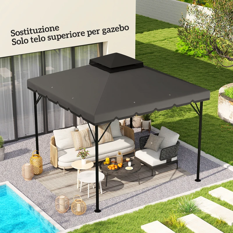 Outsunny Copertura per Gazebo 3x3 m a 2 Livelli con 8 Fori di Drenaggio, in Poliestere Grigio Chiaro e Scuro