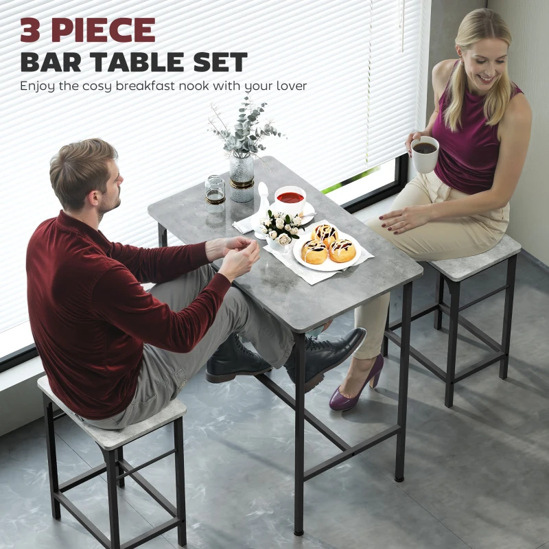HOMCOM 3 Piece Breakfast Bar Table Set, Industrial Counter Height Table and 2 Bar Stools with Steel Frame for Kitchen, Dining Room, Living Room, Grey