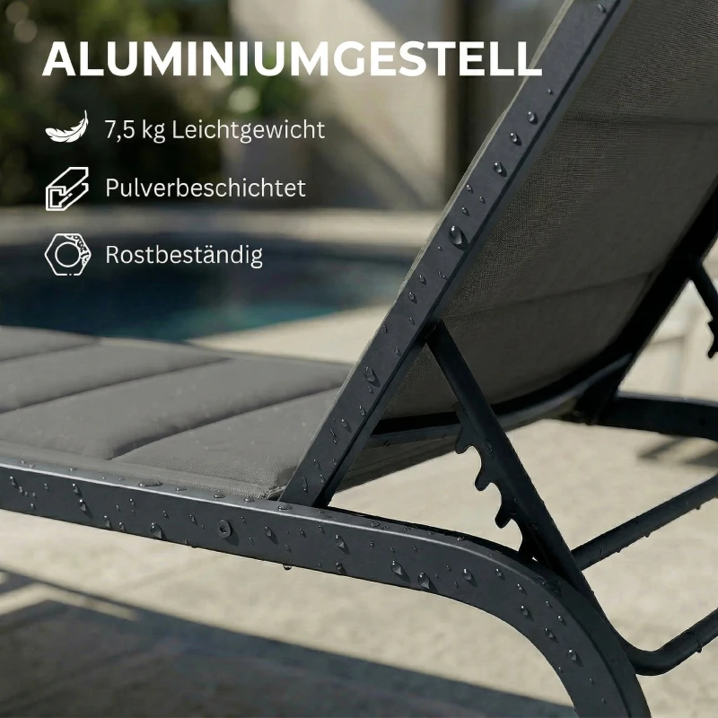 Outsunny Sonnenliege Atmungsaktive Gartenliege mit 6-fach Verstellbar Rückenlehne Rädern Aluminiumrahmen Dunkelgrau