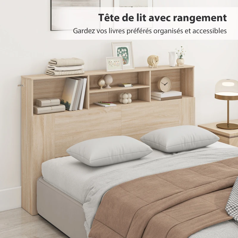 HOMCOM Tête de lit sur pied avec rangements, accessoire de lit 4 compartiments ouverts, 160 x 20,2 x 108,2 cm, bois naturel