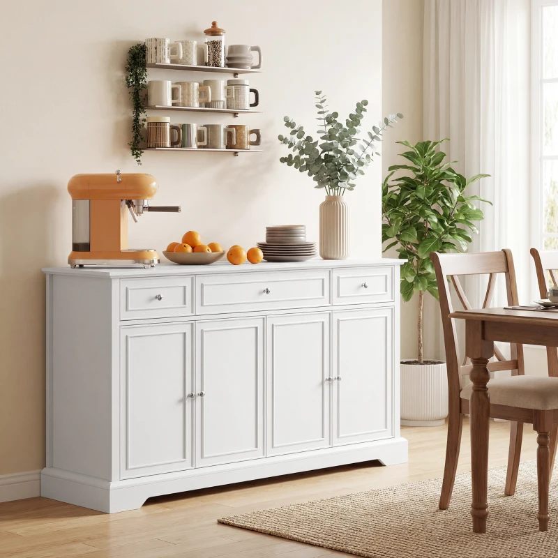 HOMCOM Bufet de living, mobilier de depozitare cu 3 sertare, 4 uși cu închidere silențioasă și etajere reglabile, alb