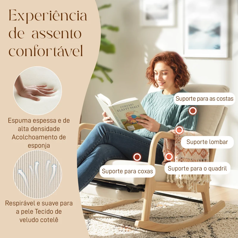 HOMCOM Poltrona Baloiço com Encosto Ajustável de Veludo Cotelê Nórdica Pés de Madeira Braços Almofada Lombar 70x89x97,5 cm Creme