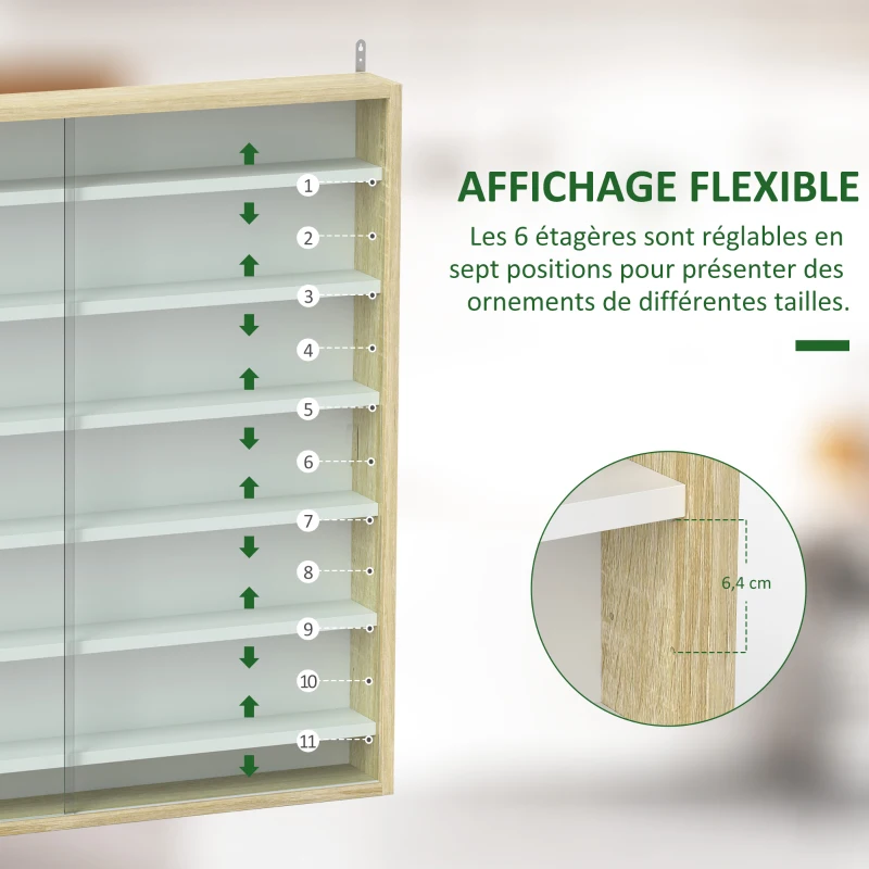 HOMCOM Vitrine pour collection vitrine murale 80 x 9,5 x 83 cm 6 étagères réglables en hauteur 2 portes coulissantes en verre
