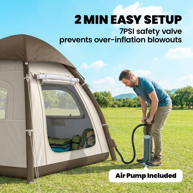 Outsunny Inflatable Camping Tent with Rainfly, 3 Man Air Tent 3000mm Waterproof Blow Up Tents, Cream