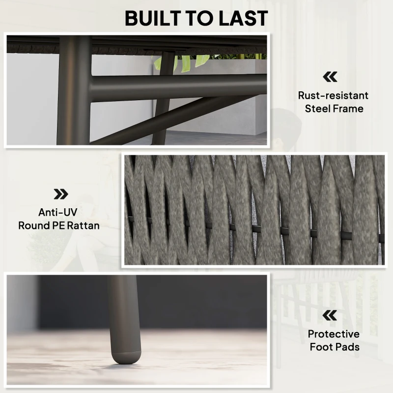 Outsunny 3-Piece Rattan Bistro Set, Garden Table and Chairs with 4 Cushions, Patio Rattan Conversation Furniture Set for Balcony, Porch, Terrace, Grey