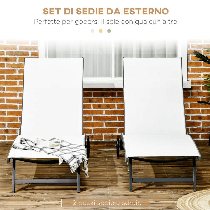 Outsunny Set 2 Lettini Prendisole con Schienale Reclinabile, in Alluminio e Tessuto Traspirante, 66x165x102 cm, Crema