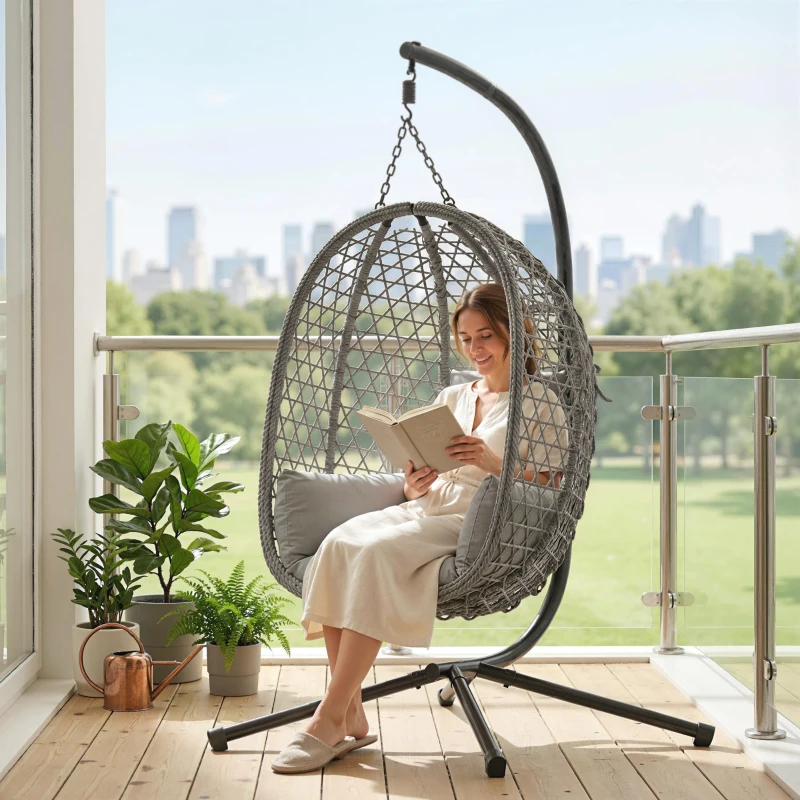 Outsunny Hanging Egg Chair, Indoor Outdoor Rattan Hammock Swing Chair with Stand, Safety Strap, Foldable Basket, Dark Grey