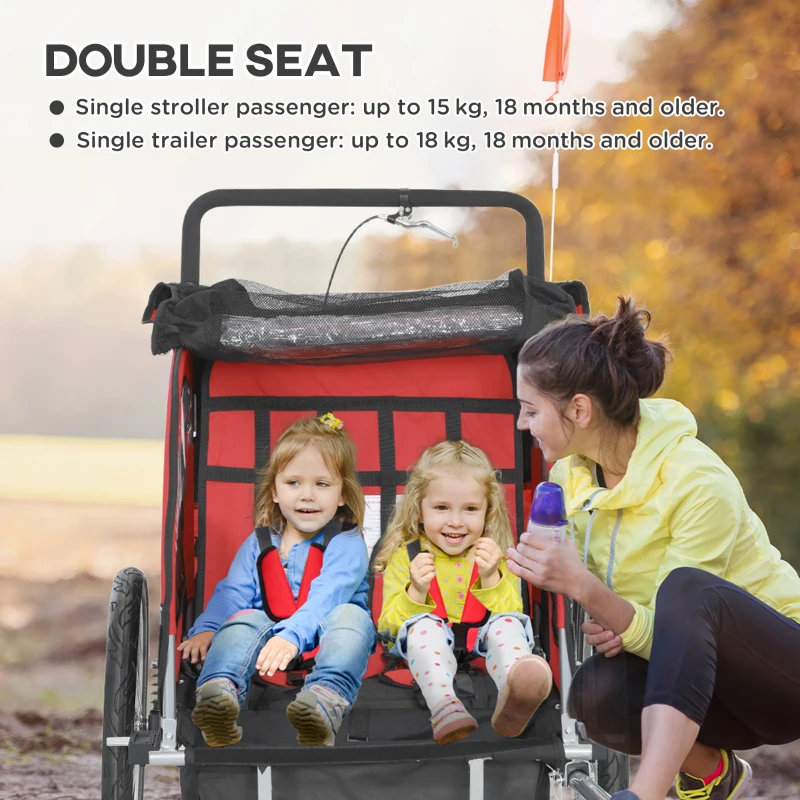 HOMCOM 2 Seat Bike Trailer with 5 Point Harness, Baby Bike Stroller with Safety Flag, Reflectors, for 18+ Months, Red