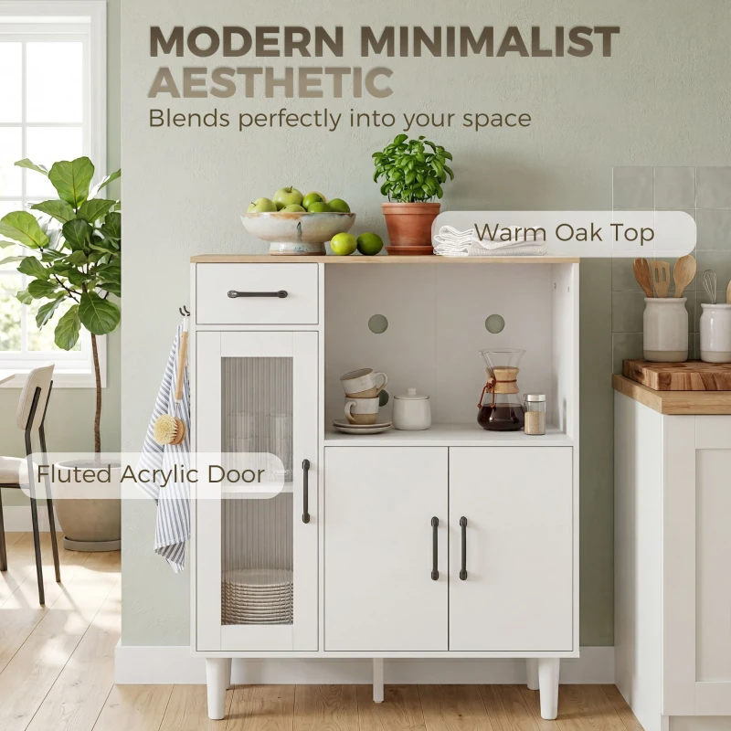 HOMCOM Dressoir Keukenkast met Lade, 2 Kasten, Open Vak, Geribbelde Acrylglasdeur 80 x 34 x 91 cm Wit+Eiken