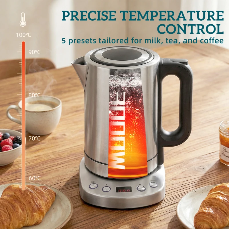 HOMCOM Electric Kettle, 1.7L, Fast Boil, 3kW Water Kettle with UK Strix Thermostat, Keep Warm Function, LCD Base, Silver Tone