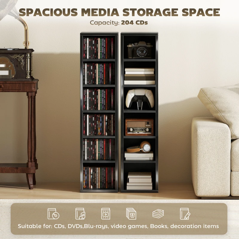 HOMCOM Set of 2 CD Media Display Shelf Unit Tower Rack with Adjustable Shelves, High Gloss Black