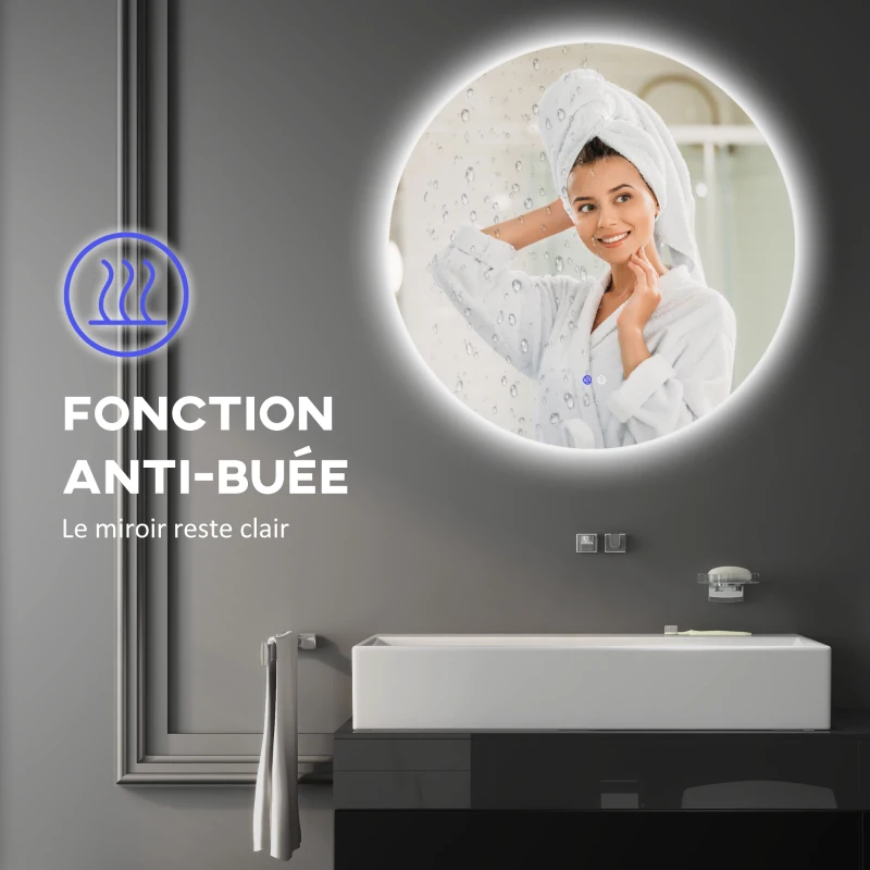 kleankin Miroir rond lumineux LED de salle de bain Ø 60 cm mural avec éclairage interrupteur tactile système antibuée  29 W gris