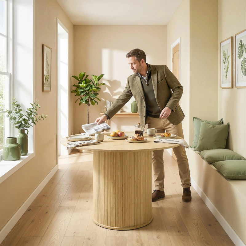 HOMCOM Mesa de comedor redonda para 5 personas, Ø 120 x 76 cm, mesa de cocina con base cilíndrica acanalada, madera natural