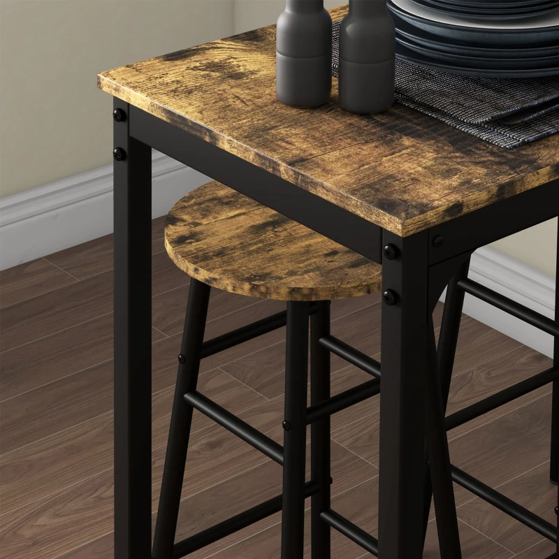 HOMCOM 3 Piece Bar Table Set with 2 Stools, Industrial Bar Table and Stool Set, Dining Table and Chair Set, Rustic Brown