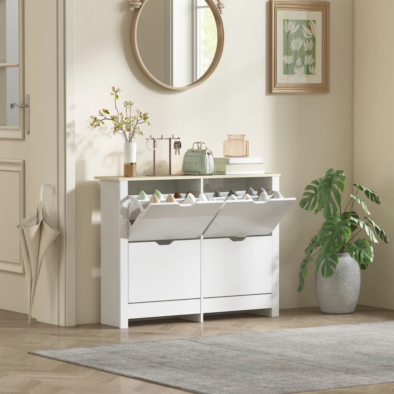 HOMCOM Slim Shoe Cabinet, Narrow Shoe Cupboard with 4 Flip Drawers, Adjustable Shelves for 16 Pairs of Shoes, White