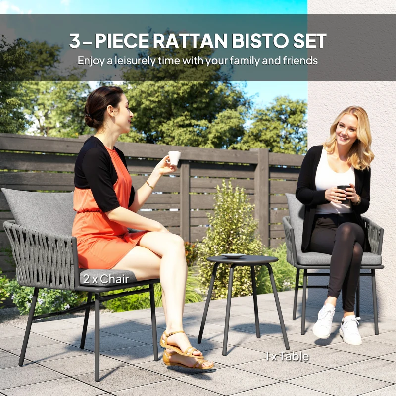 Outsunny 3-Piece Rattan Bistro Set, Garden Table and Chairs with 4 Cushions, Patio Rattan Conversation Furniture Set for Balcony, Porch, Terrace, Grey