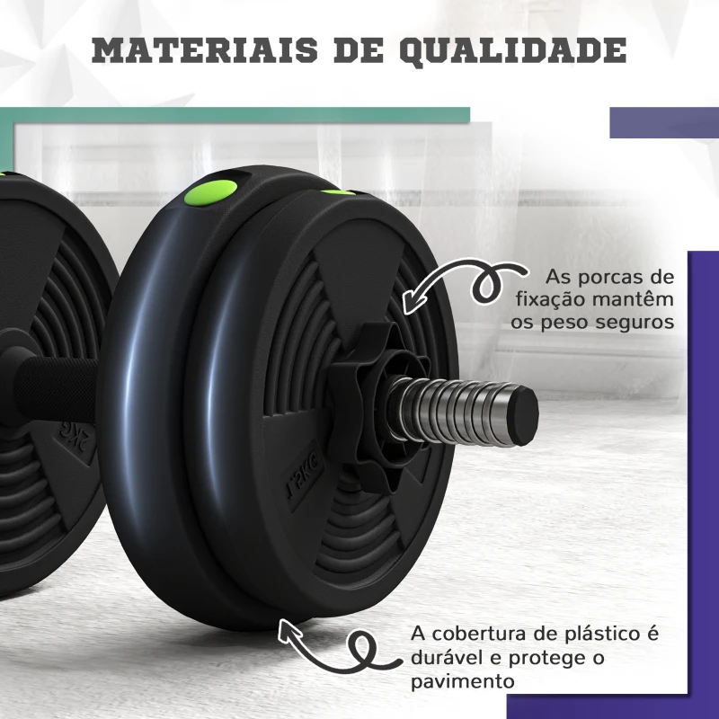 SPORTNOW Kit de Halteres 15 kg 2 em 1 com Barra de Pesos Pega Antiderrapante para Treino de Força Preto Verde