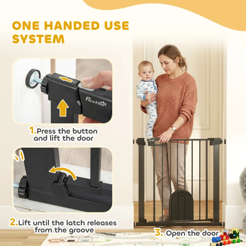 PawHut Dog Gate with Cat Flap Pet Safety Gate Barrier, Stair Pressure Fit, Auto Close, Double Locking, for Doorways, Hallways, 75-82 cm Black