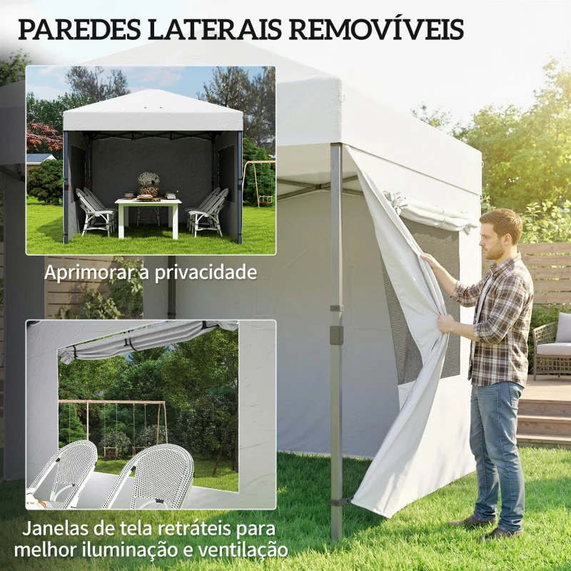 Outsunny Tenda Dobrável 3x3 m Pop-up com 3 Paredes Laterais 2 Janelas em Malha UPF50+ Altura Ajustável 3 Níveis Branco