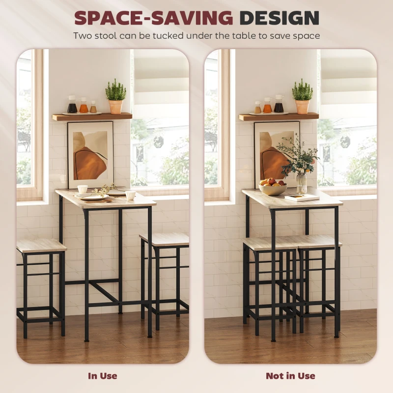 HOMCOM 3 Piece Breakfast Bar Table Set, Industrial Counter Height Table and 2 Bar Stools with Steel Frame for Kitchen, Dining Room, Living Room, Natural Wood Finish