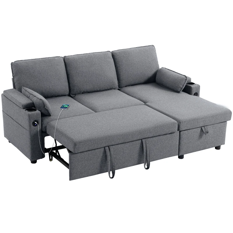 HOMCOM Corner Sofa Bed, L Shaped Sleeper Sectional Sofa with Reversible Storage Chaise, Grey