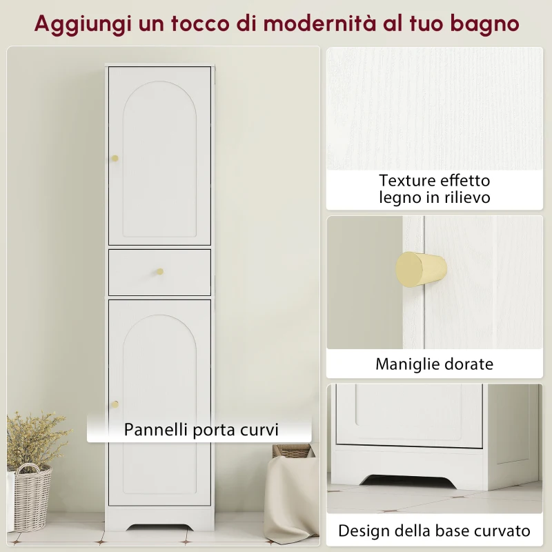 HOMCOM Armadietto Alto da Bagno Stretto con 2 Porte Arco Cassetto e Ripiani Regolabili Moderno 40x29,5x170 cm Bianco